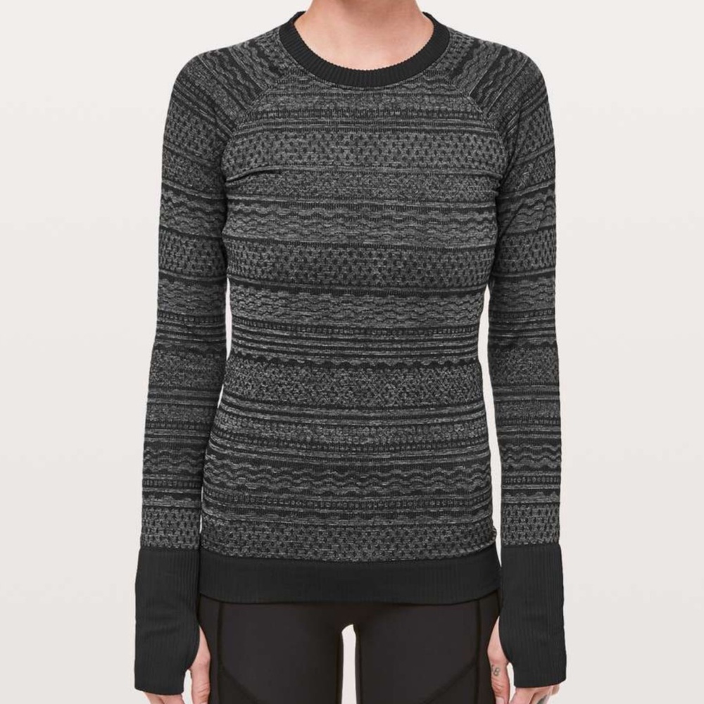 Sz 8 Lululemon Rest Less Pullover black grey print combo crew neck layer stretch
